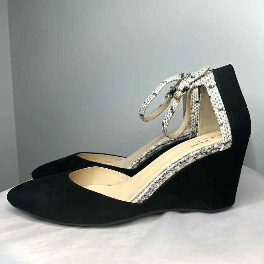 Cole Haan Lara Ankle Strap Snake Black Suede Wedges, 9.5 NWOB